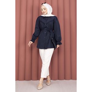 Camisa Azul Marino para Mujer, Detalle de Cordones, Tela de Popelina de Algodón, Talla XL, Decoración con Bordado Fisto, Botones, Larga/Corta/Primavera/Otoño - Product Image 1