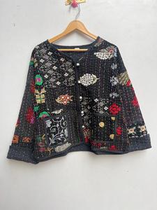 Veste Kantha noire cousue à la main manteau indien fait à la main matelassé Patchwork Kimono respirant Jersey tissu - Product Image 6