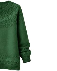 Customized Forest Green Jacquard Knit Sweater Floral Textured Crew Neck Long Sleeve Winter Pullover For Women Custom Wholesale - Product Image 3
