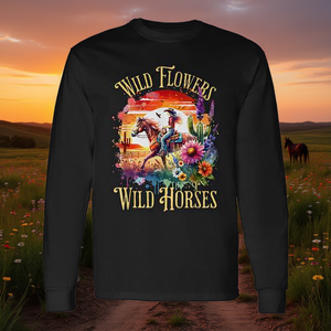 Camiseta promocional de manga larga con diseño de flores silvestres y caballos salvajes, puesta de sol campestre, estilo vaquero del oeste - Product Image 3