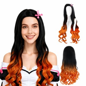 <span class=keywords><strong>Perruque</strong></span> de cosplay <span class=keywords><strong>Nezuko</strong></span> pour femmes, noire et orange ombrée, extra longue, longueur mi-taille, ondulations lâches avec reflets coucher de soleil et teinte ombrée dorée - Product Image 1