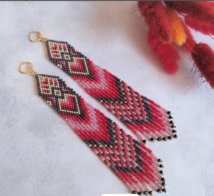 Super Long Beaded Earrings Mother's Day Gift Earrings Geometric Red Earrings Shoulder <b>duster</b> Fringe Earrings Red Gold Seed Bead - Product Image 1