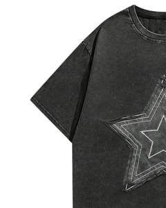 Unisex Oversized Washed Black Cotton T Shirt Embroidered <b>Star</b> Patch Acid Wash Drop Shoulder Streetwear Casual Tee Unisex Summer - Product Image 3
