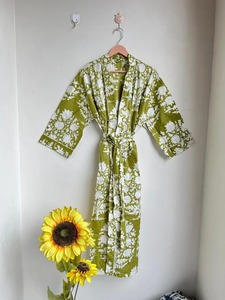 Algodón puro estampado a mano casa bata verano Kimono Floral playa vestido Oriental Festival hermoso Albornoz bloque estampado Kimono regalo - Product Image 5