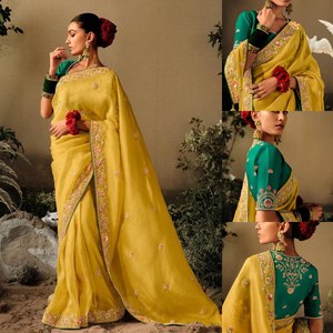 Sari en soie pure de designer indien pour tenue de mariée avec bordure brodée et blouse, soie douce pour tenue de soirée, sari en soie - Product Image 2
