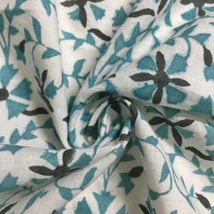 ผ้าฝ้ายพิมพ์ลายด้วยมือ ลายดอกไม้เรขาคณิต |   ผ้าทอสีเขียวอมฟ้าและสีดำแบบอินเดีย - Product Image 4