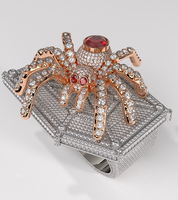 Anillo de telaraña de oro rosa con gema roja, piedra CZ de lujo, joyería de declaración de Hip Hop para hombres