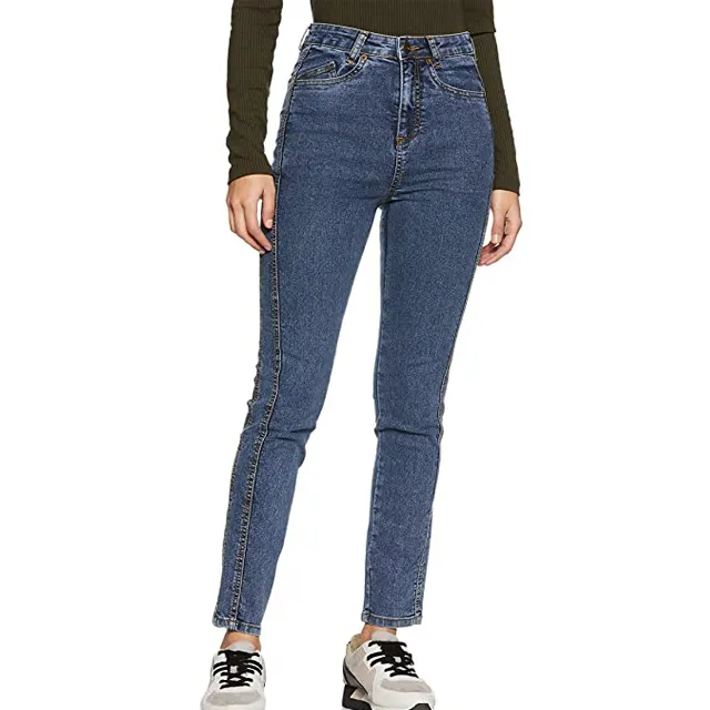 Calça jeans feminina de alta qualidade com etiqueta personalizada para mulheres, calça jeans leve e ajustável azul