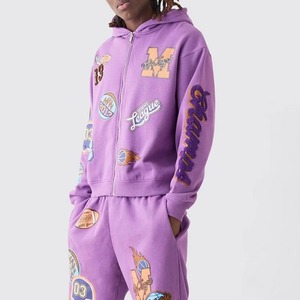 High Quality 100% Cotton Breathable Solid Eco-Friendly Streetwear Men's Sport <b>Suit</b> Customizable Gym Jogger Set <b>Purple</b> Hooded - Product Image 3