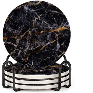 Ensemble de 4 sous-verres en marbre en pierre noire de forme ronde pour la cuisine, thé, tasse à café, dessous de verre décoratif de Table - Product Image 1