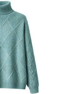 Custom Premium <b>Women</b> Turtleneck Diamond Knit Sweater Soft <b>Warm</b> Cable Sleeve Winter Pullover Casual Fashion <b>Top</b> Mint Green Color - Product Image 4