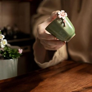 BRUSHSTROKE BLISS Crafted Natural Clay Ceramic Mugs-Eco-Friendly Green Colored Pink Floral Accents Microwave <b>Dishwasher</b> Safe - Product Image 4