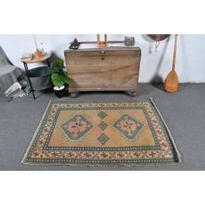 Tapis de Grande Taille Vintage Marron Vert 3.7X5,1 Pieds Style Turc Rectangle Patchwork Design Abstrait Laine Seagrass Latex pour Couloir - Product Image 1