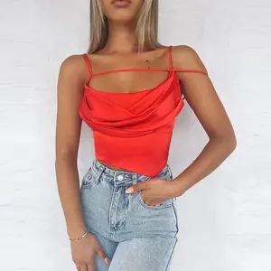 เสื้อกล้ามผ้าไหมสไตล์วินเทจลำลอง สายเดี่ยว ระบายอากาศได้ดี ผ้าซาตินถักทอ ไซส์ XS แต่งลูกไม้ด้านหน้าและลายพิมพ์ - Product Image 1