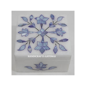 Handmade Modern Flower Design White Marble <b>Blue</b> Mother of Pearl Inlay Square Shape Jewelry Box Gift for Thanksgiving - Product Image 3