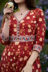 Robe Davina imprimée à la main, bohème, en pur coton, décontractée, occasionnelle, vacances, été, rouge beige, fabriquée à la main, mode éthique - Product Image 6