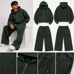 ONE APEX Breathable Vintage Forest Green <b>Zip</b> Hoodie Sweatpants Men's Regular Fit Wide Leg Fleece Winter Washed Cotton Casual - Product Image 4
