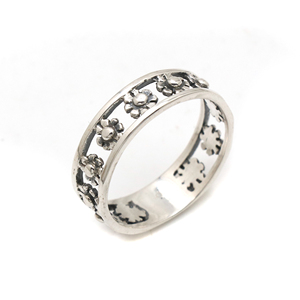 มือแกะสลักออกแบบออกซิไดซ์เงินแท้925ดอกไม้วงแหวนแหวนเงินธรรมดาแหวน - Product Image 1