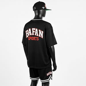 ชุดเซ็ตเสื้อผ้าตาข่ายพรีเมียมสำหรับผู้ชาย เนื้อผ้าโพลีเอสเตอร์ระบายอากาศ 150 GSM สีดำ ชุดกีฬา พร้อมปักโลโก้แบบ Tackle Twill สำหรับชุดผู้ชาย - Product Image 4
