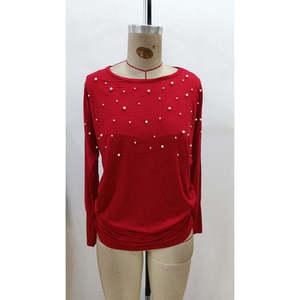 Chemise décontractée pour femme Jane's, rouge, à manches longues, col rond, ornée de perles - Product Image 4