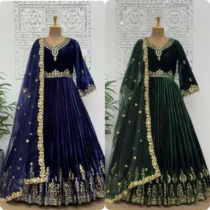 Vestido y pantalón Anarkali de trabajo de bordado de secuencia pesada de terciopelo viscosa de estilo indio con diseñador indio Dupatta listo para usar - Product Image 2