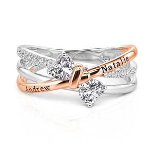 Bague de promesse en acier inoxydable plaqué or rose, personnalisée avec un nœud gravé et 2 cœurs, avec pierre de naissance - Product Image 1