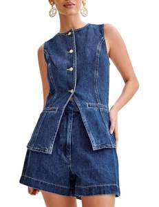 Conjunto de ropa de verano Two Street Denim Venta al por mayor Casual sin mangas Top pantalones cortos de cintura alta traje de mezclilla Paz para mujeres Nuevo diseño de desgaste - Product Image 1