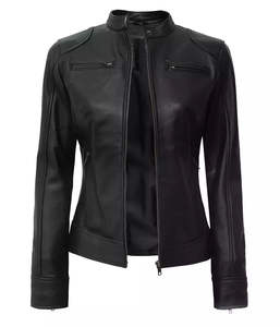 Chaquetas de Cuero para Mujer, Color Negro Sólido, Nueva Llegada 2026, Cuero Genuino de Vaca, Cuello Alto, Estilo con Cremallera - Product Image 3