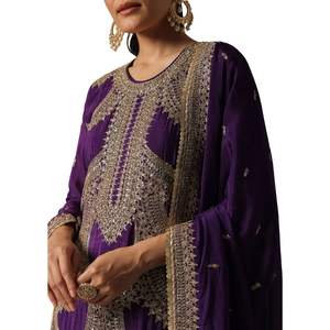 Purple Chiffon <b>Kurta</b> Sharara Set with Embroidery and Dupatta for Wedding Party Festive Occasion Reception <b>Indian</b> Wear - Product Image 4