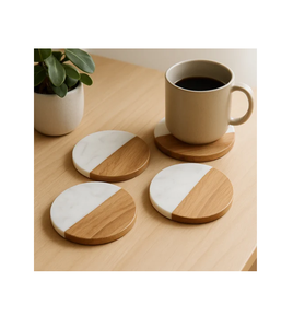 Luxury Design Wood and <b>Marble</b> <b>Coaster</b> 4-Piece Set Square Handmade Eco-Friendly Table Decorative Item - Product Image 1