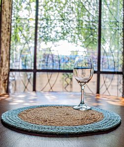 Round Verona Woven Jute Cotton Braided Placemat for Dining <b>Table</b> Decor Wedding Family Gatherings Parties With Aqua <b>Blue</b> Border - Product Image 2