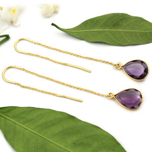 Venta al por mayor India joyería de piedras preciosas amatista cuarzo lágrima cadena 24K chapado en oro pendientes colgantes para mujeres - Product Image 1