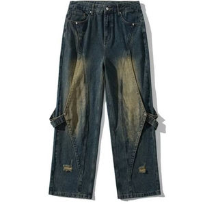 Pantalones vaqueros de cuerda de empalme con diseño rasgado Retro para hombre, Pantalones rectos de pierna ancha holgados de calle alta, nuevos pantalones vaqueros estilo Hip Hop de lavado oscuro - Product Image 1