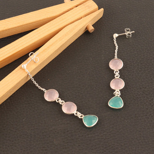 New Trendy Women Earrings 8mm Briolette Cut pink & Aqua Chalcedony Drop Earrings <b>Silver</b> Plated Link Chain Bezel <b>Stud</b> Earrings - Product Image 5