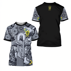 Camiseta con Diseño Inspirado en Brasil con Arte del Monumento de Río, Camiseta Urbana con Estampado Audaz para Amantes de la Cultura, Patrones Barrocos Negros - Product Image 2