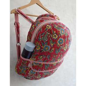 <b>Lightweight</b> Cotton Boho Quilted Mini <b>Backpack</b> Indian Hand Block Print Floral Design Zipper Closure Unisex Travel Beach School - Product Image 3