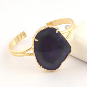 Fashion Personality Natural Blue Agate Slice <b>Boho</b> Statement Adjustable <b>Bracelet</b> Gold Plated Double Layer Open Cuff <b>Bracelet</b> Gift - Product Image 1