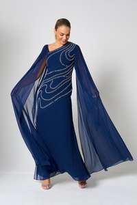 Robe maxi trapèze confortable pour soirée, en crêpe, à manches cape asymétriques, broderie artisanale marine - Product Image 4