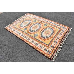 Alfombra Kilim turca Vintage de 4,3x6,4 pies, diseño de retazos amarillo y azul, tejido plano, lana trenzada, yute, látex, pasillo, rectángulo - Product Image 2