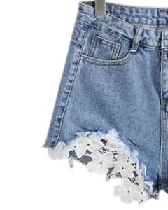 Blue Denim Lace Trim Shorts <b>Women</b> Summer High <b>Waist</b> Casual Flower Embroidery Distressed <b>Jean</b> Shorts Trendy Fashion Wear - Product Image 3