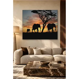 Silhouette de la famille d'éléphants Fida sous l'acacia, impression sur toile - Product Image 4