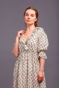 เดรสแม็กซี่ทรงสบาย คอวี ลายพิมพ์บล็อกด้วยมือ ผ้าฝ้าย แต่งระบาย กระเป๋า ซักได้ เป็นมิตรกับสิ่งแวดล้อม เอวธรรมชาติ - Product Image 5