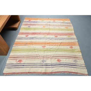 Tapis plat turc moderne en laine beige de 5'1 "x 6' avec motif patchwork en latex pour décorations de salon - Product Image 1