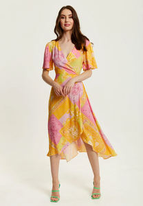 100% <b>Viscose</b> Regular Fit Paisley Print Midi Wrap <b>Dress</b> in Yellow and Pink Midi <b>Dress</b> With Comfort Short Sleeve <b>Dress</b> Lightweight - Product Image 2