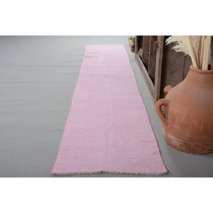 Tapis turc vintage en laine rose de 2x12 pi, tissage plat moderne, design patchwork pour décorations de salon avec support en latex - Product Image 3