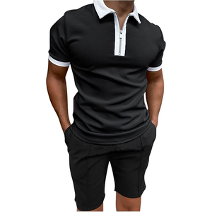 Conjunto de pantalones cortos tipo polo con ribete en contraste para hombre, conjunto informal de dos piezas con cuello de cremallera para verano, ropa de calle y salón - Product Image 2