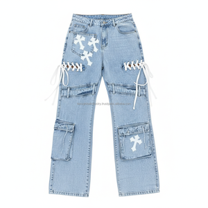 กางเกงยีนส์ทรงหลวมสไตล์ Y2K สำหรับผู้หญิง - กางเกงคาร์โกเอวสูงทรงหลวมพร้อมแถบปะติดและริบบิ้นผูกเชือก ผู้ผลิต OEM - Product Image 4