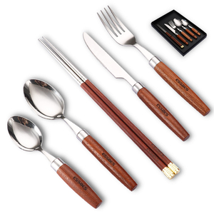 Juego de cubiertos de acero inoxidable con mango de madera de alta calidad, juego de cubiertos plateados con acabado espejo, con cuchillo, tenedor, cuchara y palillos. - Product Image 1