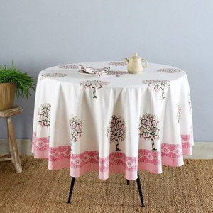 Mantel redondo estampado con bloque de mano de flor de loto de algodón, Decoración de mesa de boda, juego de servilletas de cubierta de mesa de comedor - Product Image 4