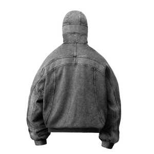 Fabricant Logo personnalisé Épaules tombantes Vintage Acid Wash Fashion Denim Full Zip up Streetwear Balaclava Hoodie - Product Image 4
